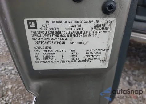 2002 GMC Sierra 1500 Sle z USA, uszkodzony, nr VIN 2GTEC19T721179046